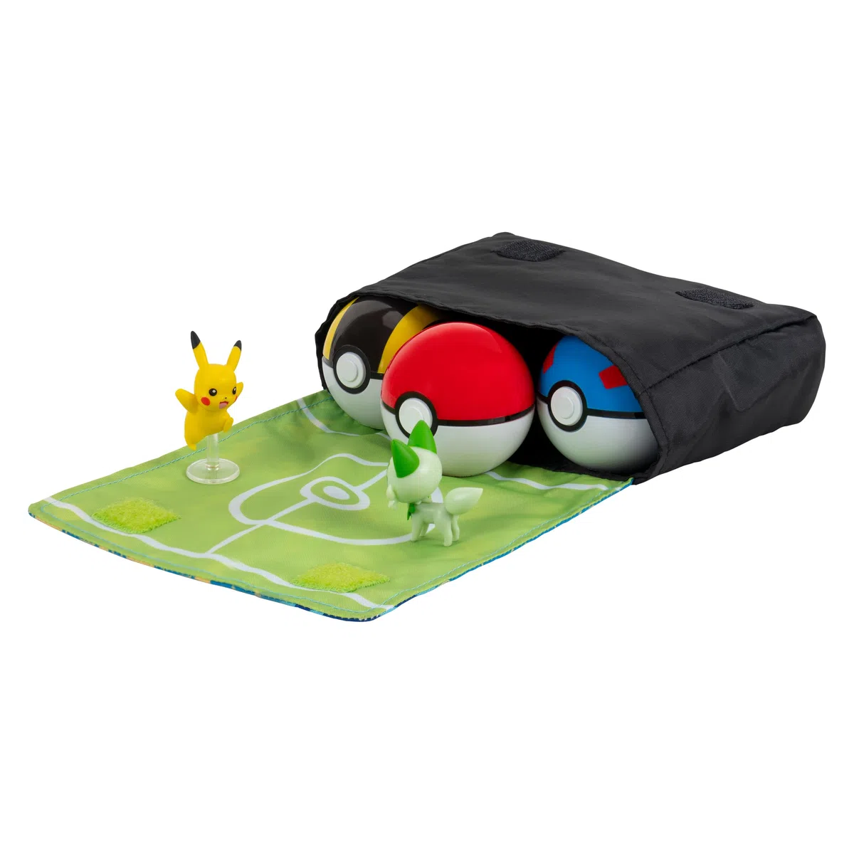 Pokemon Clip N Go Bandolier Promo Set – 5 cm personaggio di combattimento Pikachu & Sprigatito – 3 Poké Balls, cintura, borsa – Set di giocattoli per bambini 4+ – Prodotto ufficiale Pokémon per