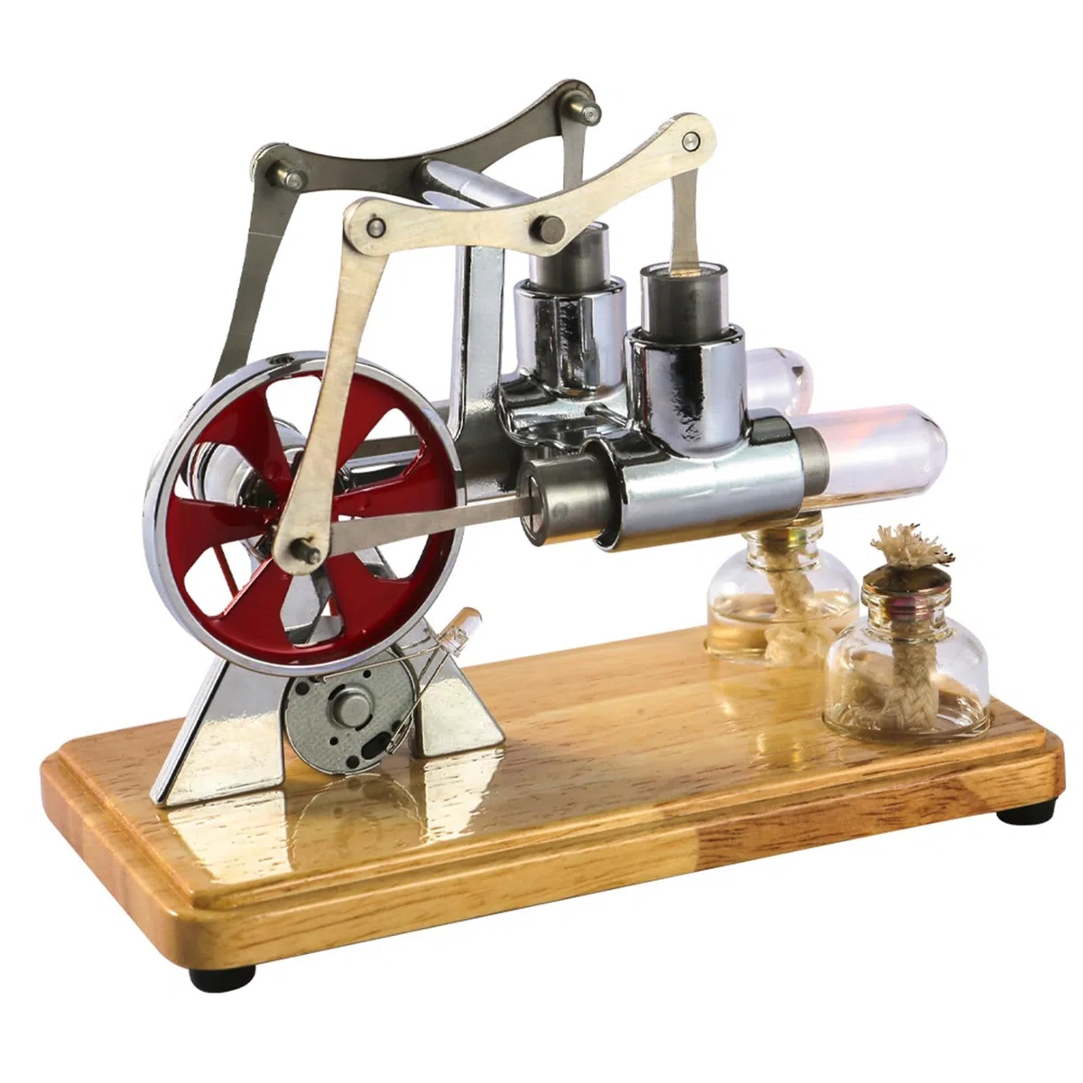Kit Motore Stirling a Doppio Cilindro, Piastra di Base in Quercia, Lavorazione a Goccia, Esposizioni Educative, Intrattenimento per Bambini