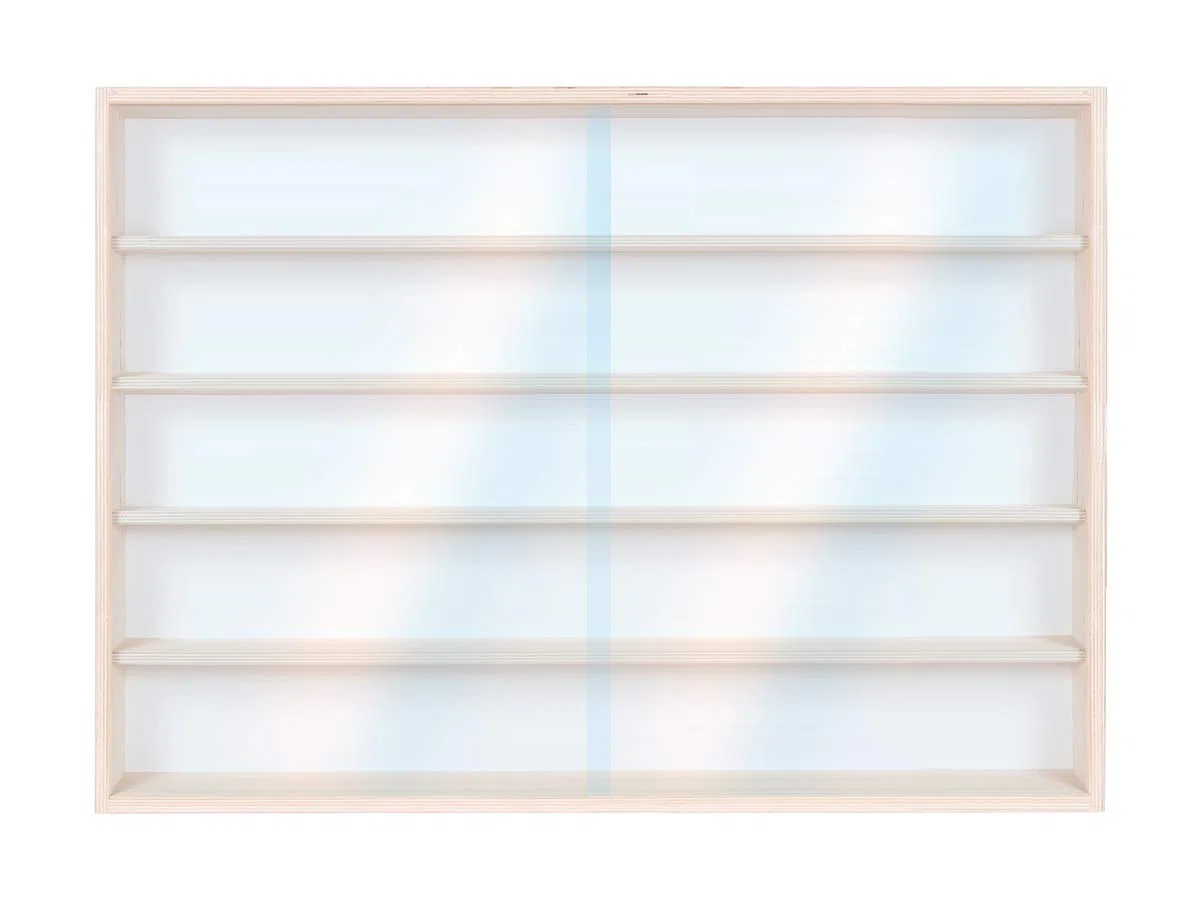 V60,5 Espositore da parete, 60 x 49 x 8,5 cm, legno di betulla non finito, 2 porte scorrevoli trasparenti in plexiglass a 5 ripiani, scala H0 e N
