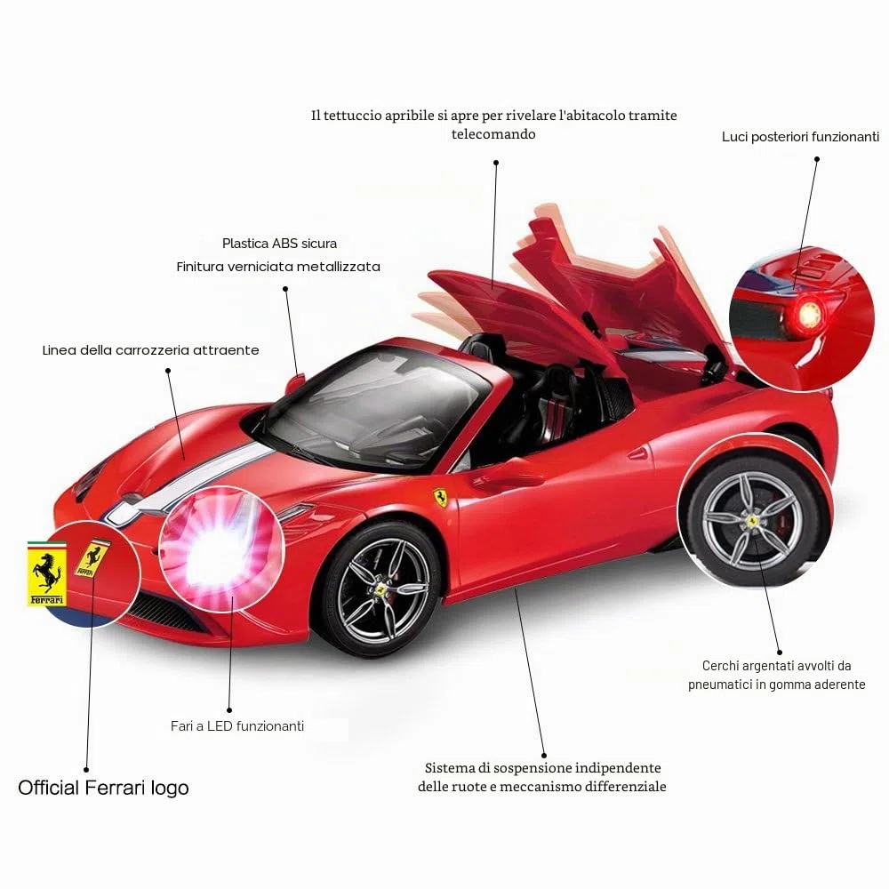 RASTAR, auto telecomandata Ferrari, Ferrari 458 Special in scala 1:14, macchina giocattolo rossa, cabriolet, apertura e chiusura automatica
