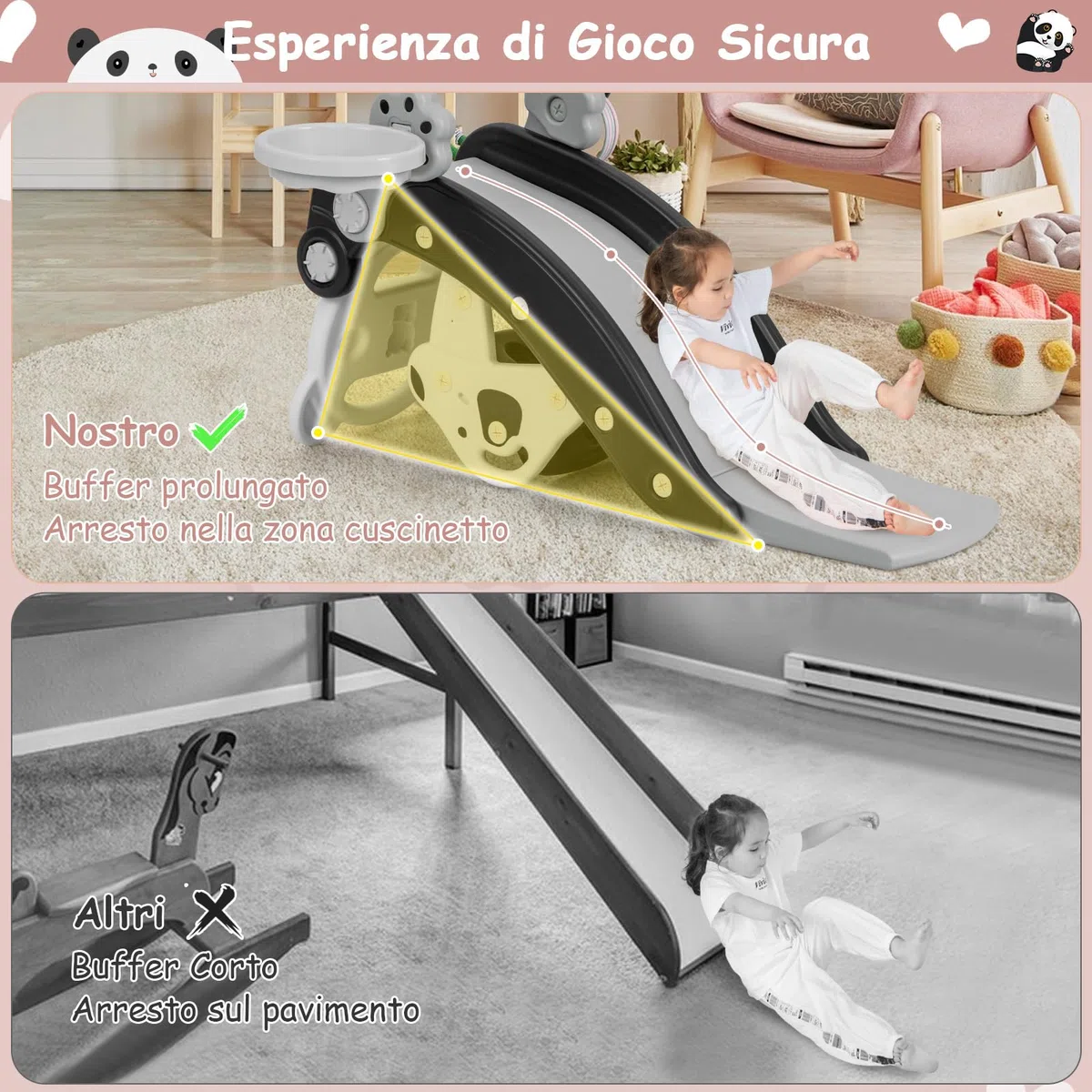COSTWAY 5 in 1 Set Cavallo a Dondolo e Scivolo per Bambini, Set di Giocattoli con Canestro da Basket e Gioco degli Anelli, Età 1-5 Anni, Carico 50kg, per Interno ed Esterno (Panda)