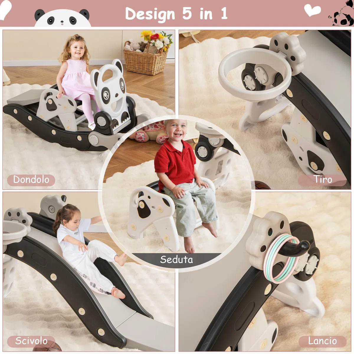 COSTWAY 5 in 1 Set Cavallo a Dondolo e Scivolo per Bambini, Set di Giocattoli con Canestro da Basket e Gioco degli Anelli, Età 1-5 Anni, Carico 50kg, per Interno ed Esterno (Panda)