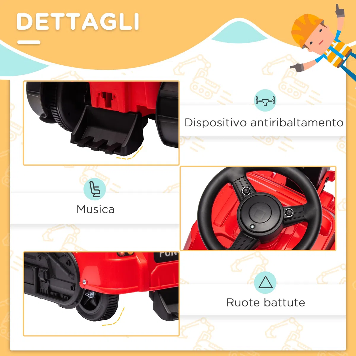 HOMCOM Ruspa Giocattolo con Volante e Benna di Scavo, 3 in 1 Macchina Cavalcabile per Bambini da 18 Mesi-2 Anni, 100x43x48.5 cm, Rosso