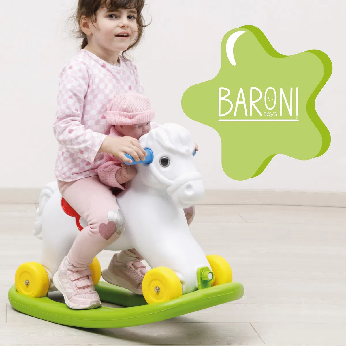 Baroni Toys Cavallo a Dondolo Cavalcabile 2 in 1, Cavallino a Ruote Spingi e Vai, 2-5 Anni (Cavallo Bianco)