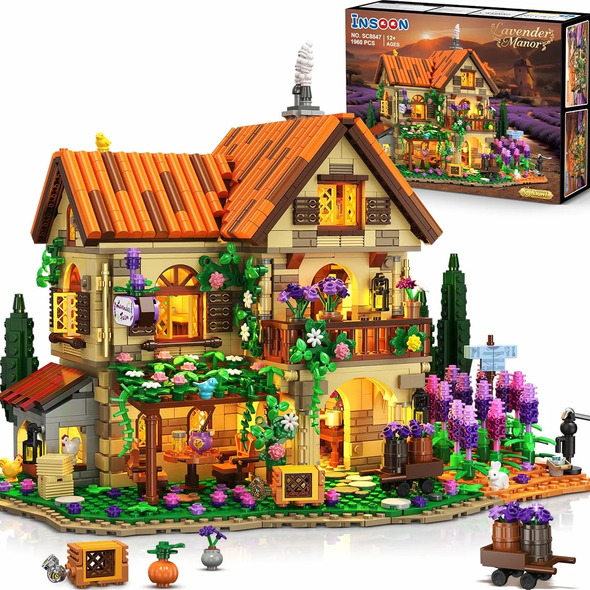 INSOON - Set di costruzioni in miniatura della casa di Lavender Manor con luci, 1960 pezzi, modello di costruzione della tenuta di lavanda, decorazione per la casa, romantico mazzo di fiori di lavanda