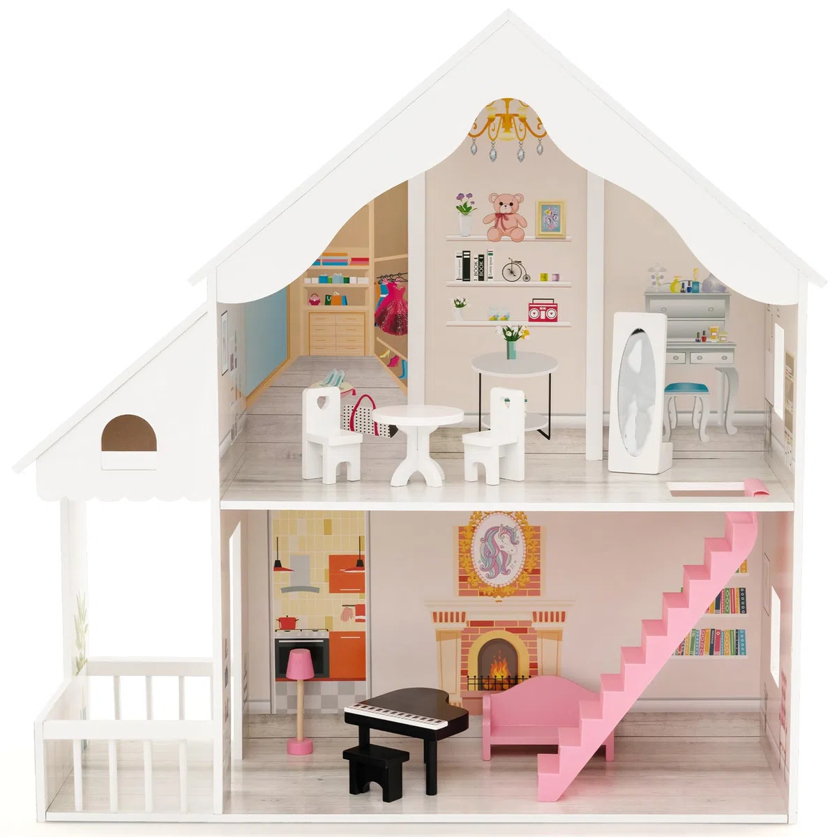 GYMAX Casa delle Bambole in Legno per Bambini, Villa a 2 Piani Semi-Aperta con Stanze e Set di Mobili, Portico e Lucernari, Ideale per Bambini dai 3 Anni +, 81 x 30 x 86 cm