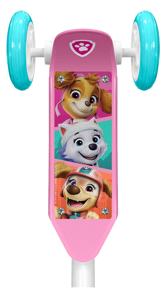 Monopattino a 3 ruote Paw Patrol da ragazza regolabile in altezza. Ampio vassoio antiscivolo. Manici anti-pizzico. Ruote in PVC. Targa decorata, rosa-blu