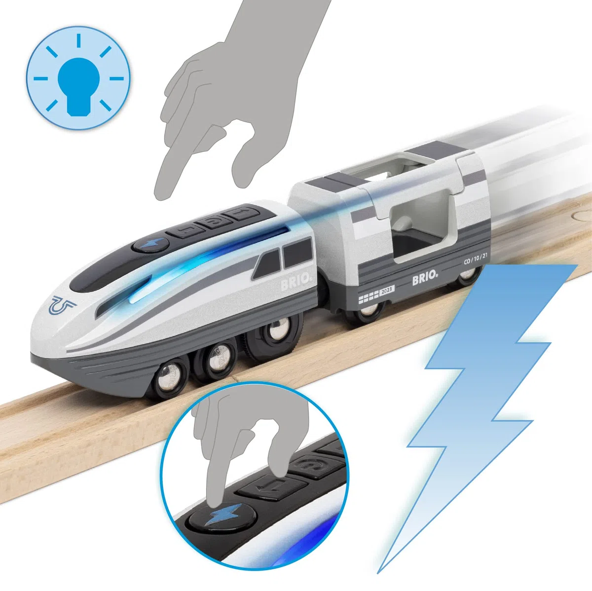 BRIO 36003 - Turbo Train - Trenino a batteria per bambini dai 3 anni in su, blu/bianco