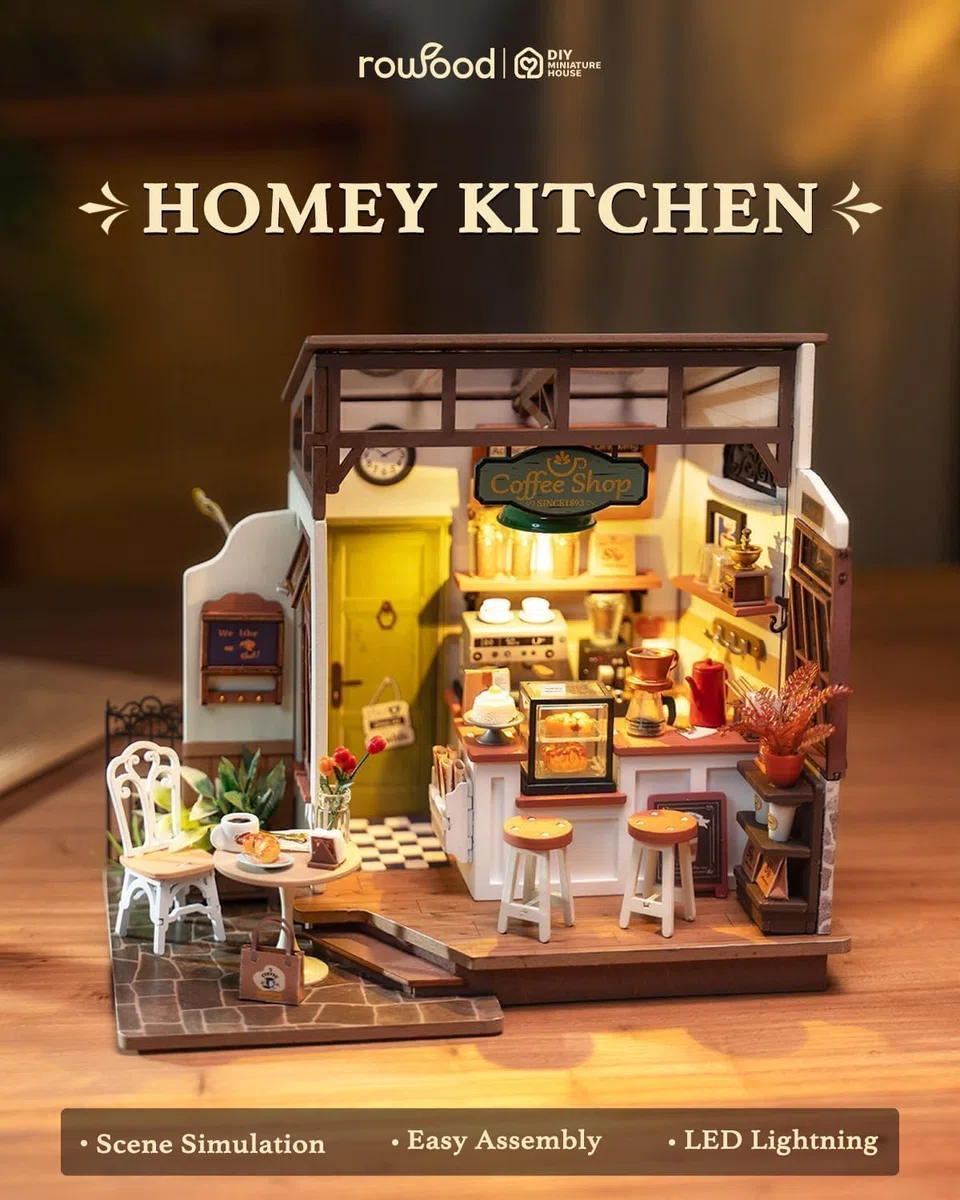 ROWOOD Miniatura Casa Delle Bambola Caffè, Fai Da Te Mini Casa in Legno Con Luci LED Per Adulti Da Costruire, Creativi Regalo Di Vacanza