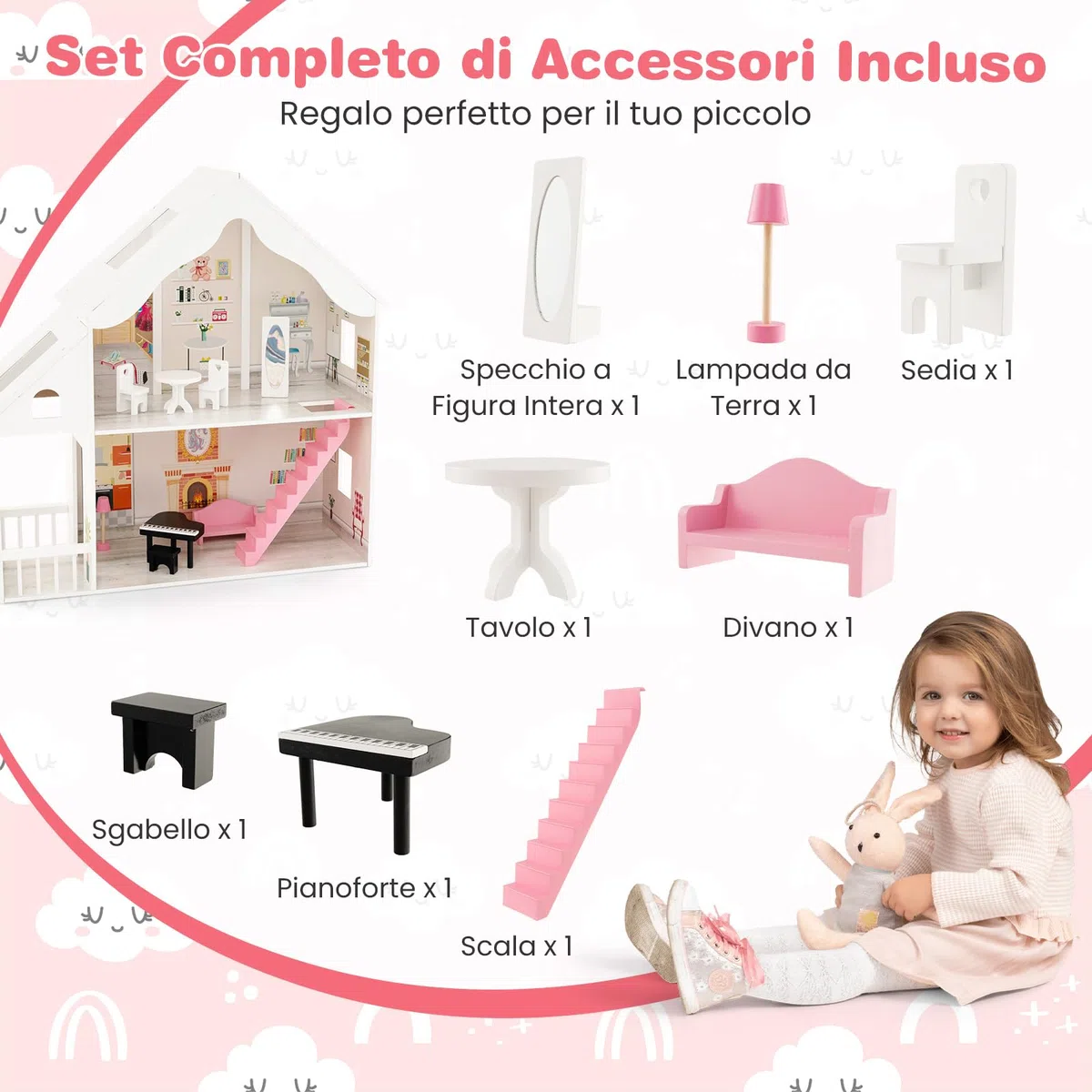 GYMAX Casa delle Bambole in Legno per Bambini, Villa a 2 Piani Semi-Aperta con Stanze e Set di Mobili, Portico e Lucernari, Ideale per Bambini dai 3 Anni +, 81 x 30 x 86 cm