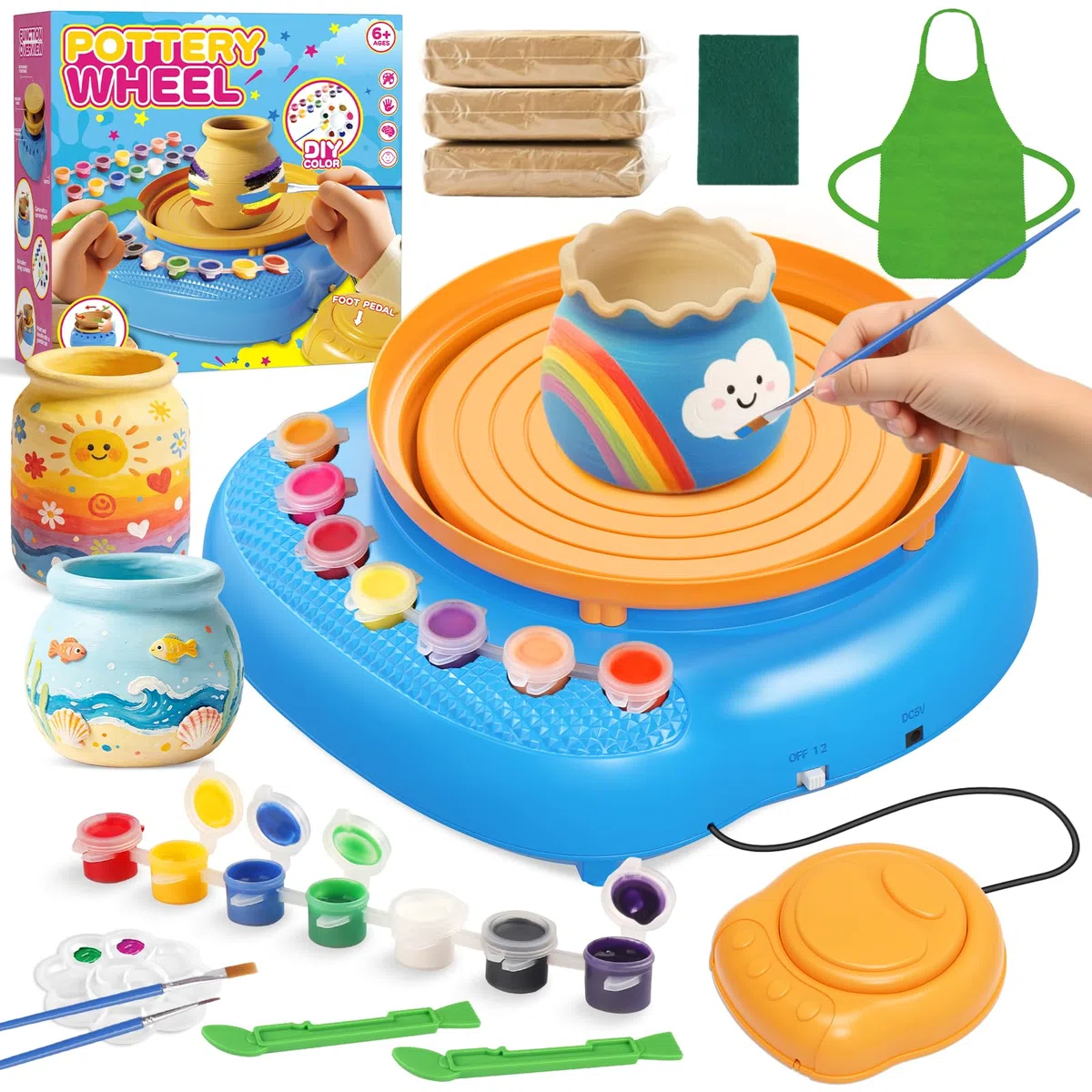 Tornio per Ceramica Bambini 6-12 Anni, Kit Ceramica Fai da Te Completo con 3 Argille Autoindurenti, 14 Colori, Strumenti e Grembiule – Set Creativo DIY Principianti, Regalo Bambina Bambino Blu