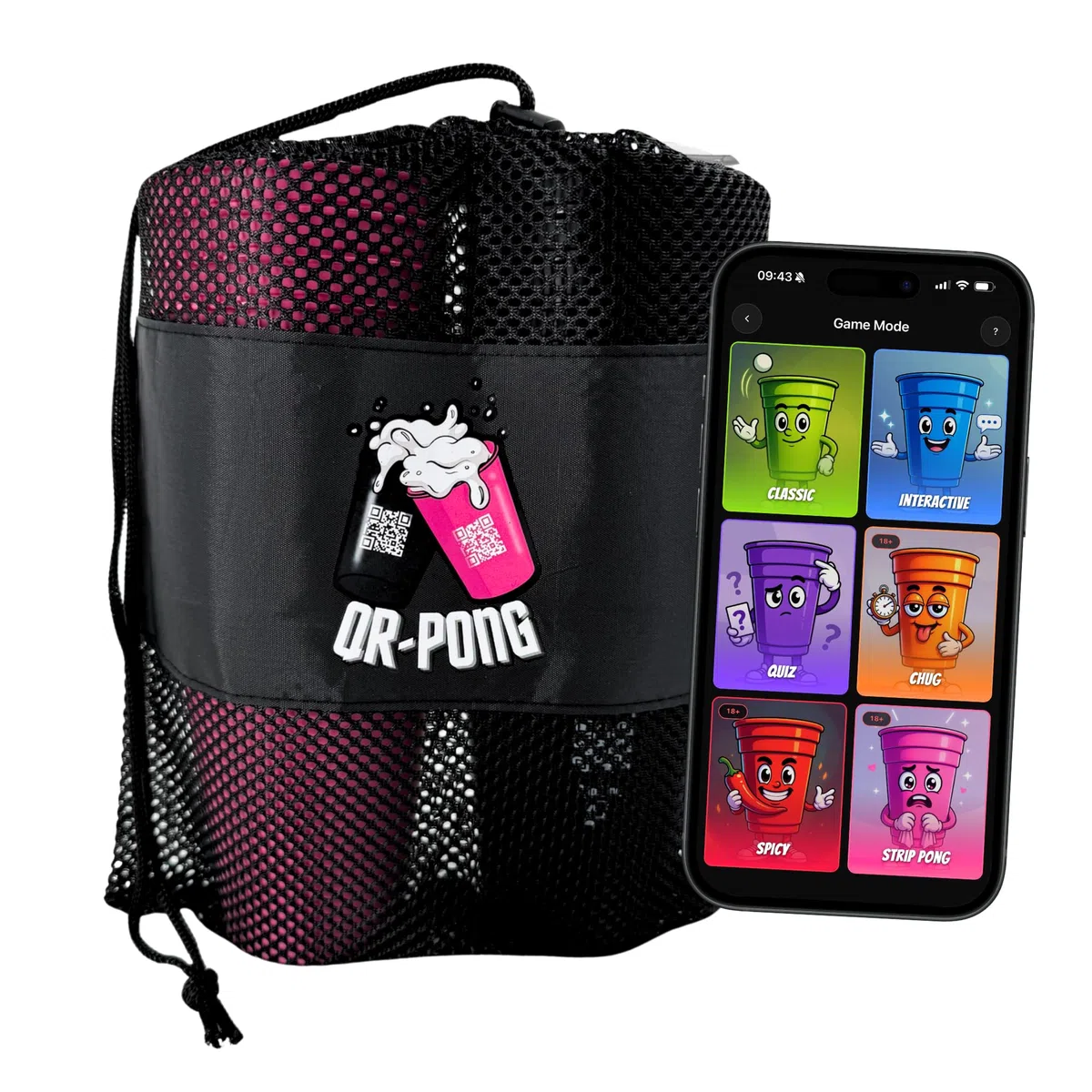 Beer Pong con app e 3.000 compiti divertenti, 22 bicchieri riutilizzabili in plastica dura, made in Germany, il regalo di compleanno più cool, gioco per bere [nero/rosa] (set da 10 palline)
