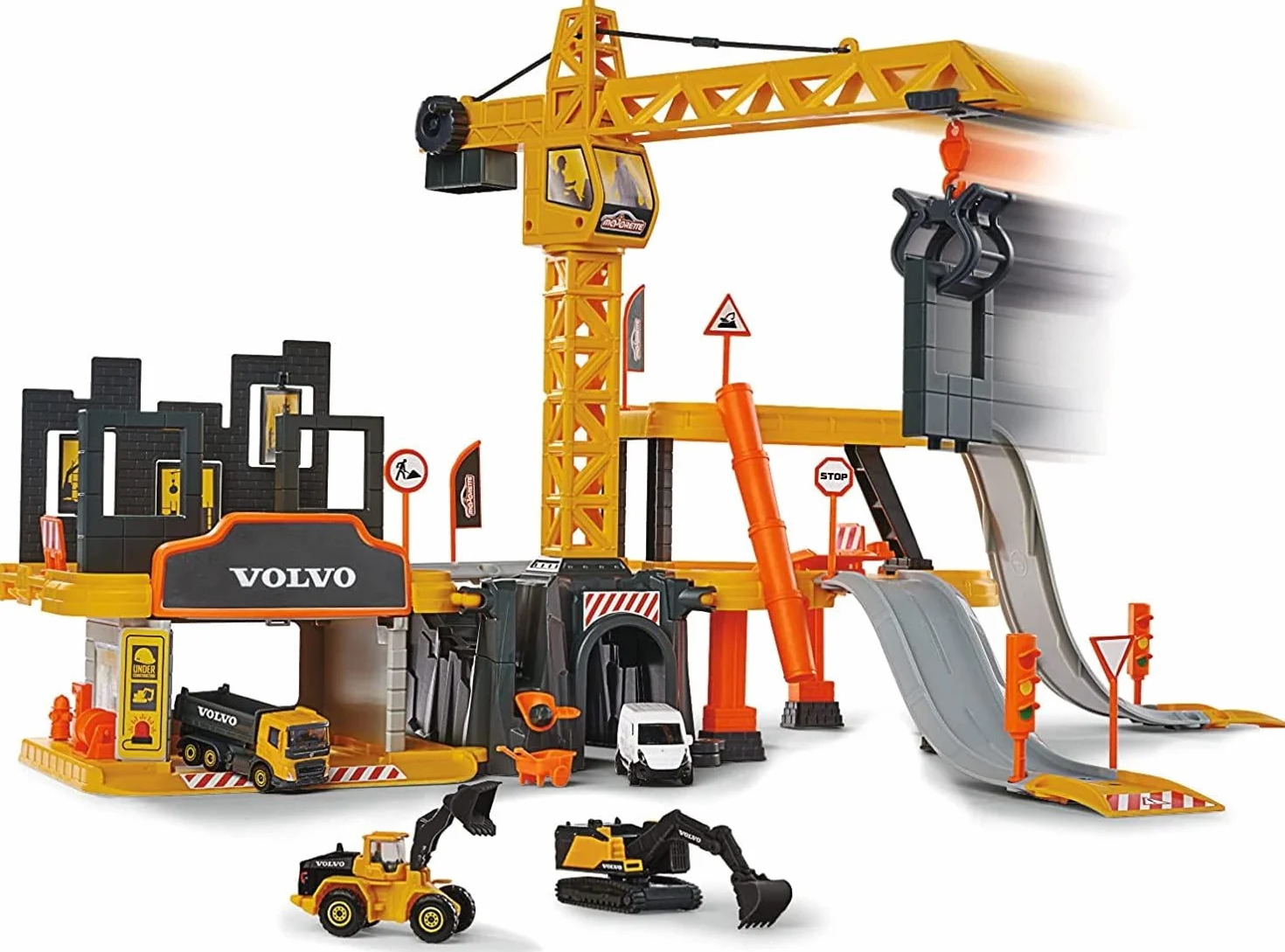 Majorette - Volvo Construction Creatix Playset su 3 Livelli, con 5 Veicoli in Die Cast Scala 1:64, 77 cm, + 3 Anni, 212050032