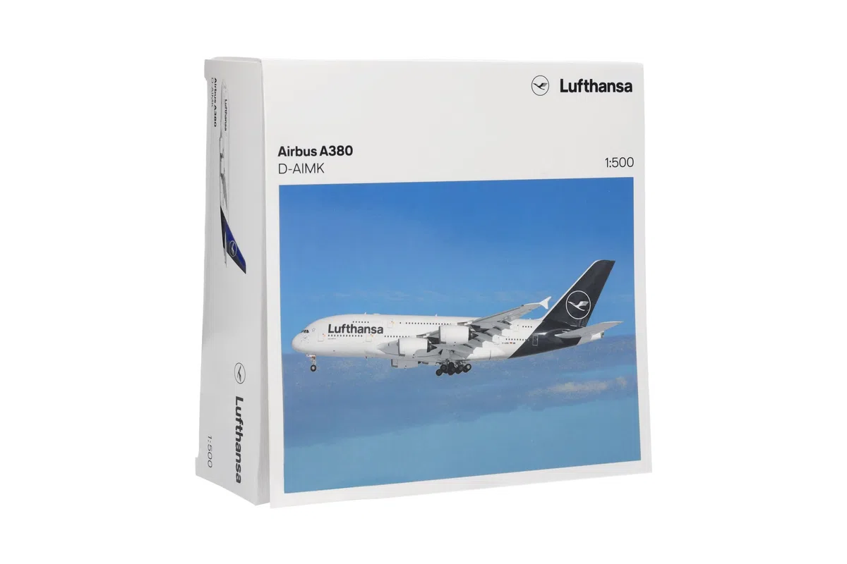 Herpa modello di aereo Lufthansa Airbus A380 – D-AIMK "Düsseldorf" in scala 1:500 - modello di aereo, pezzo da collezione, miniatura deco, statuetta senza supporto in metallo