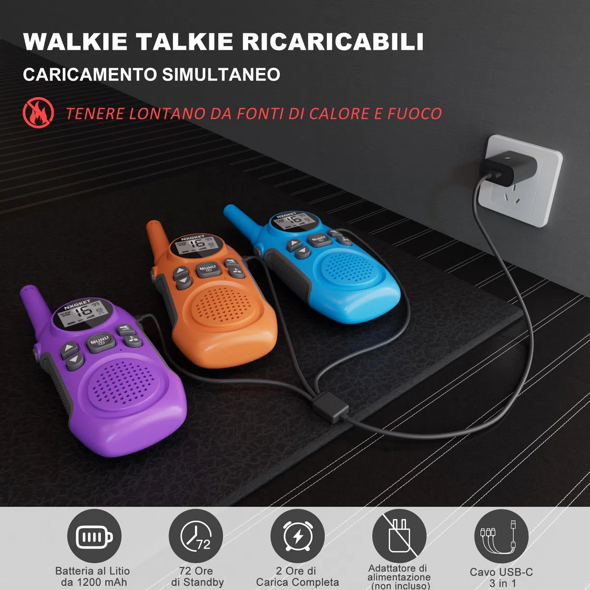 Walkie Talkie Professionali Ricaricabili per Bambini,NXGKET Radioline Woki Toki 16 Canali,Batteria Integrata,Con Torcia per Giochi all'aperto Campeggio Escursionismo