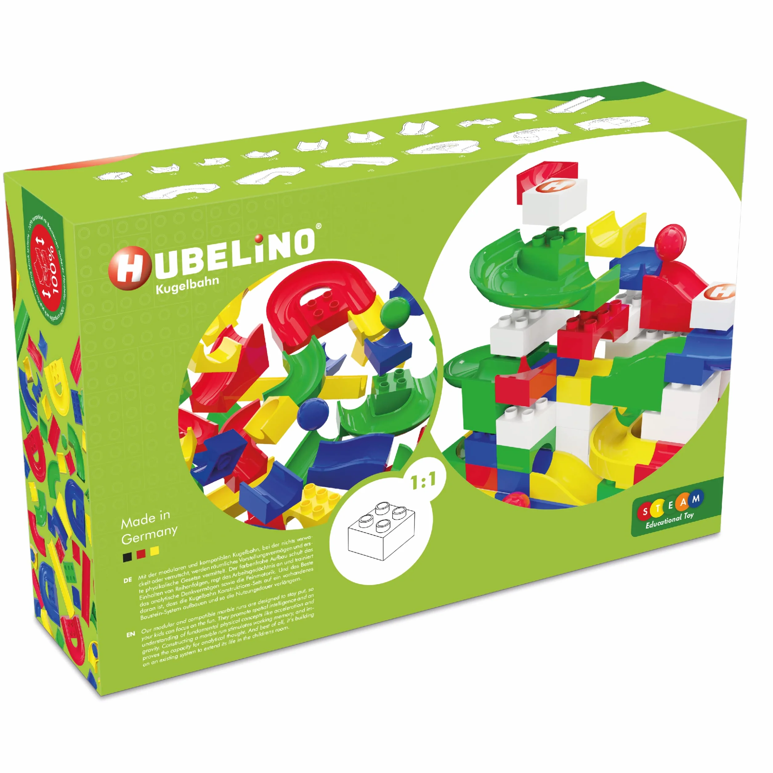 Hubelino 420381, pista per biglie, set di elementi per la pista, a partire dai 4 anni (100% compatibile con Duplo), 128 pezzi (versione tedesca)