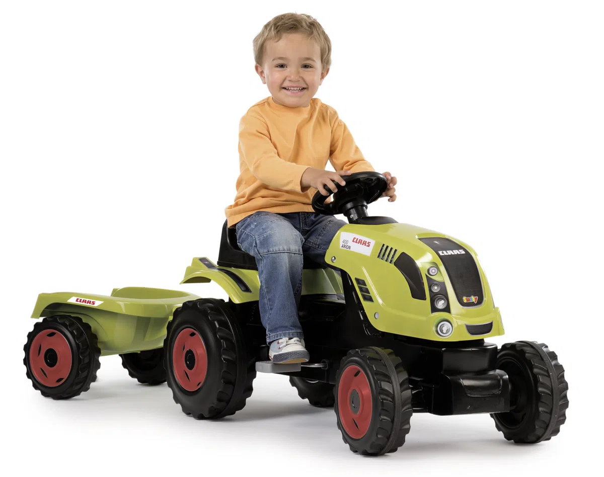 Smoby - Trattore Claas Farmer XL + Rimorchio - Trattore a pedali per bambini - Sedile regolabile - Volante con clacson - Cofano apribile - Dai 3 anni - Prodotto in Francia