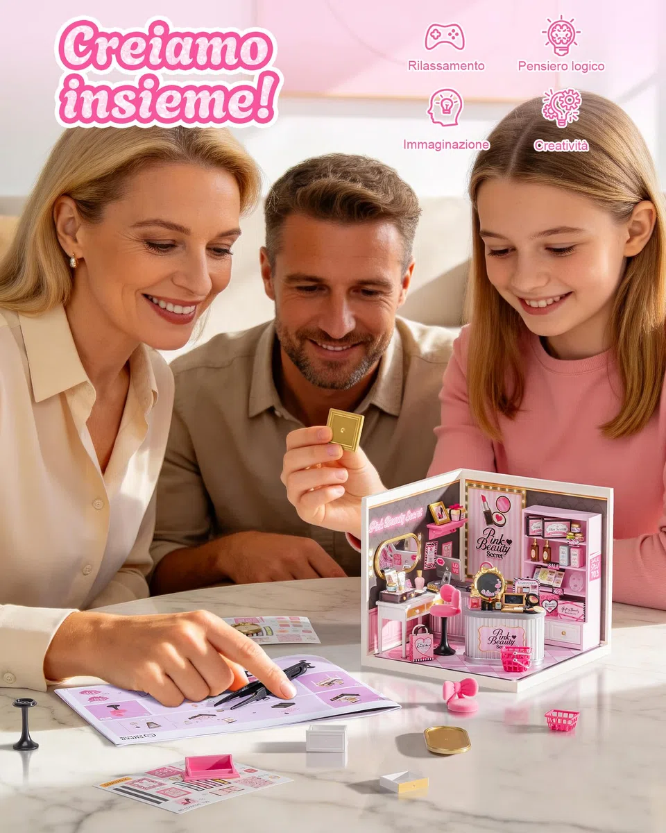 Rolife Super Creator Pink Beauty Store, Kit Fai da Te in Miniatura per Casa delle Bambole con Luce, Kit di Mobili per Casa delle Bambole in Plastica Senza Colla, Kit di Costruzione in Miniatura per