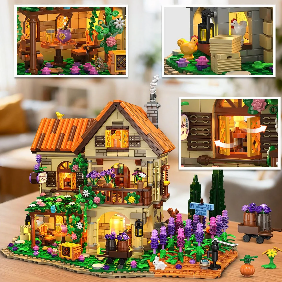 INSOON - Set di costruzioni in miniatura della casa di Lavender Manor con luci, 1960 pezzi, modello di costruzione della tenuta di lavanda, decorazione per la casa, romantico mazzo di fiori di lavanda