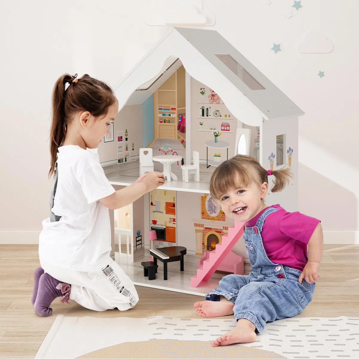 GYMAX Casa delle Bambole in Legno per Bambini, Villa a 2 Piani Semi-Aperta con Stanze e Set di Mobili, Portico e Lucernari, Ideale per Bambini dai 3 Anni +, 81 x 30 x 86 cm