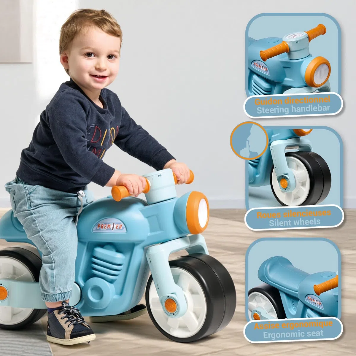 FALK - Draisienne Moto Prem1er - Blu - Ruote extra larghe e silenziose - Manubrio direzionale - Look Vintage - Contiene almeno il 75% di plastica riciclata - Made in France - Da 12 mesi - 452S