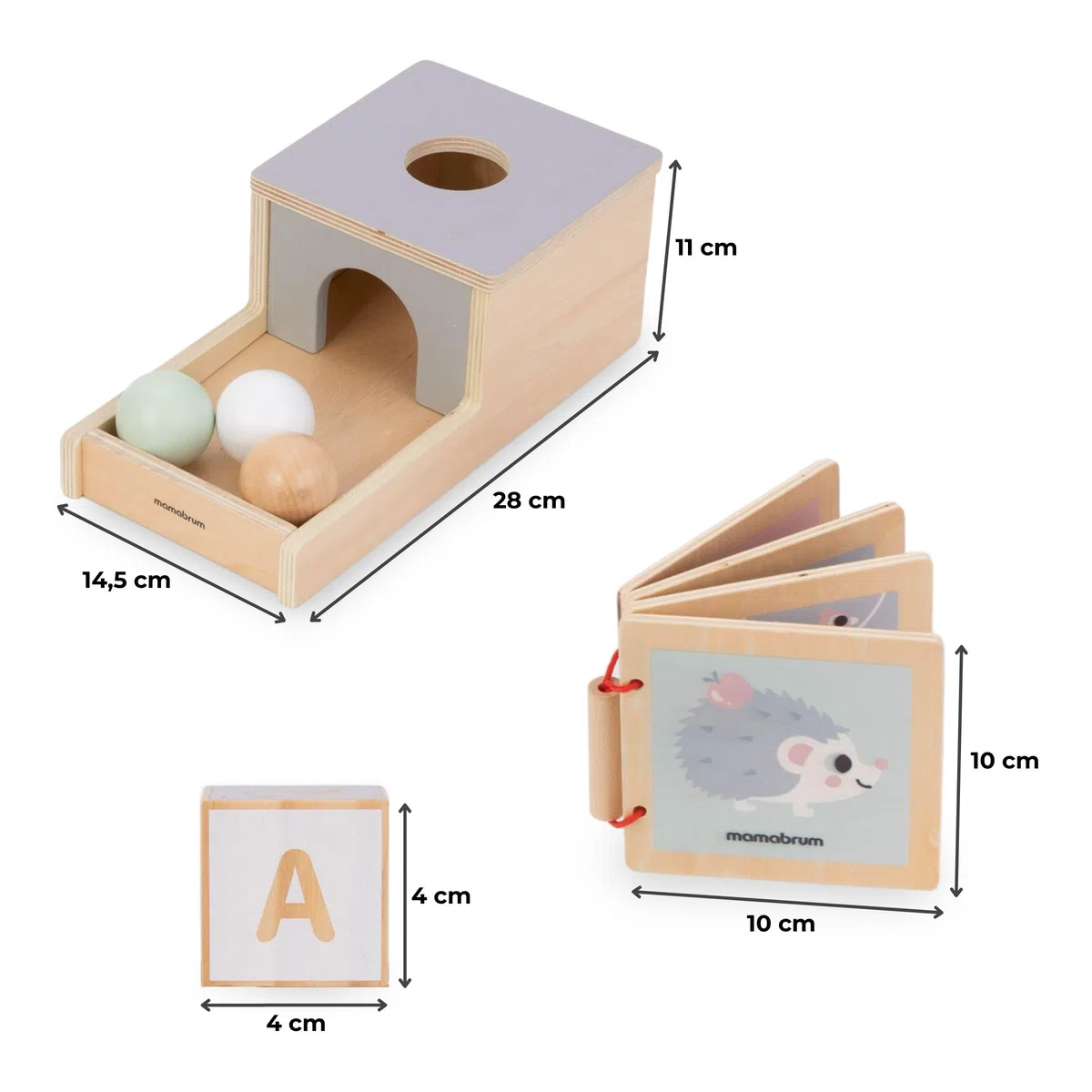 mamabrum Scatola Educativa Montessori per Bambini - 6 Giochi Educativi in Legno, Sonaglio, Blocchi, Macchinina, Riccio e Libro in Legno