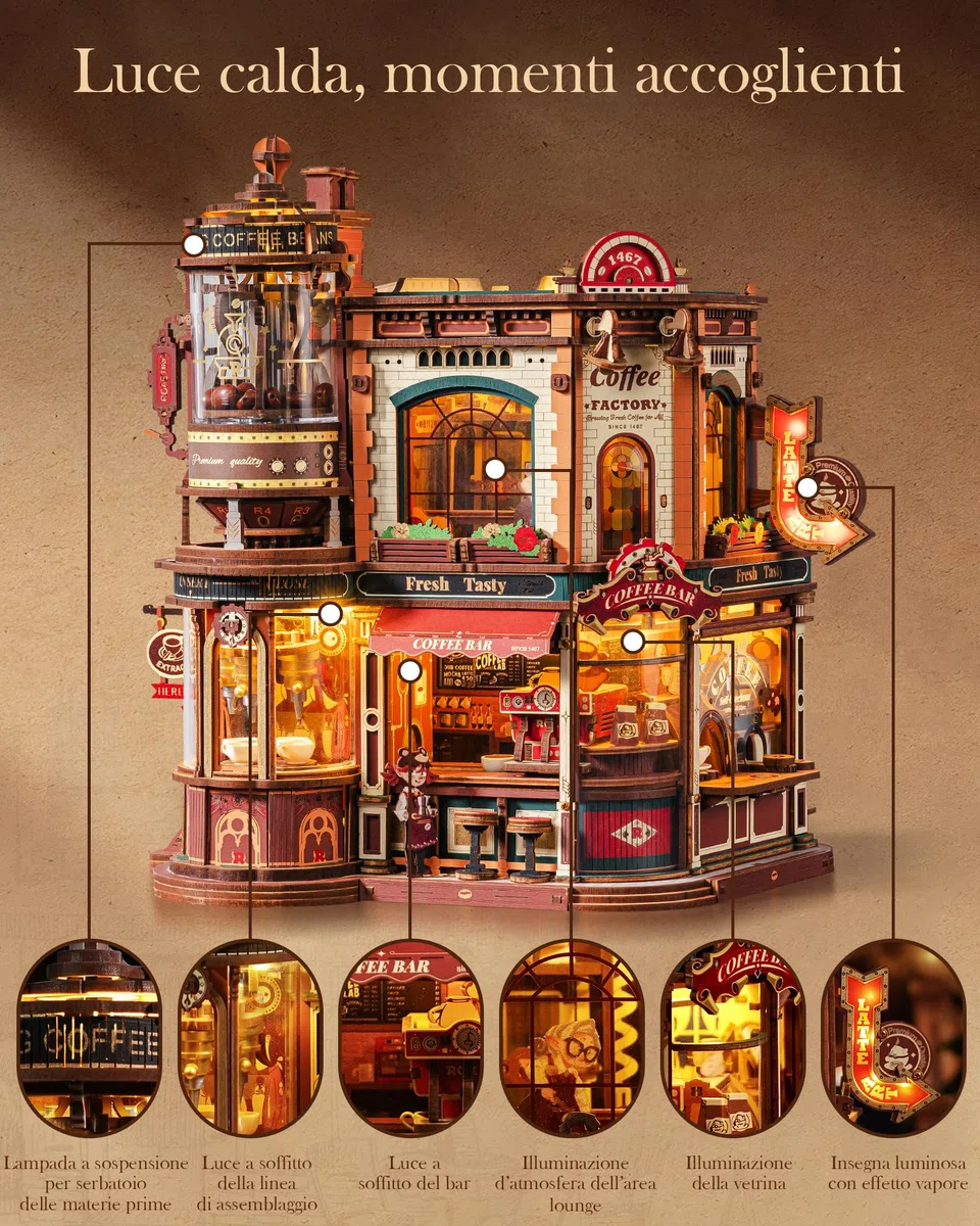 ROBOTIME Puzzle 3D in legno per adulti da costruire – Dream Coffe Factory, kit di costruzione in miniatura con musica, luci e scene animate, casa in miniatura/Book Nook Café EAB02