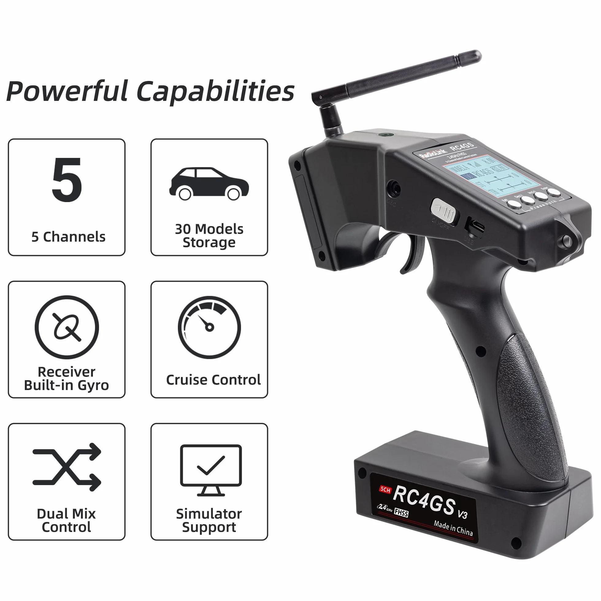 Radiolink RC4GS V3 5 canali Radiocomando RC trasmettitore & R6FG giroscopico ricevitore kit per automobili,barca,carro armato, dirigibile, sottomarino,2.4GHz 400M Controllo,30 modelli