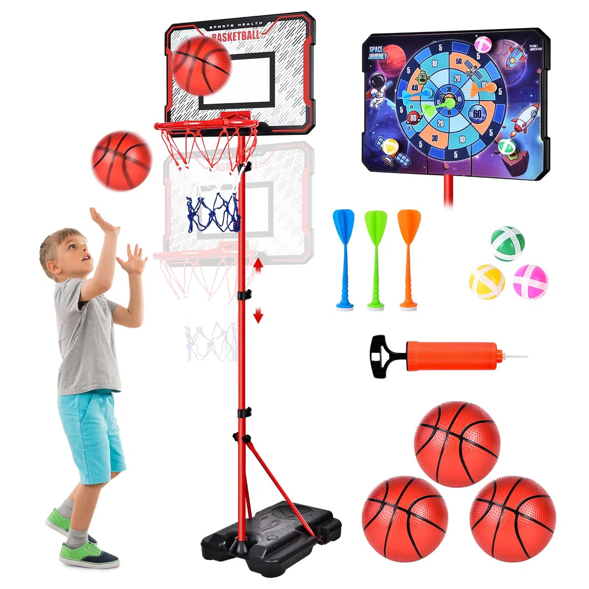 Herenear Canestro da Basket per Bambini, Altezza Regolabile 107-193 cm, 2 in 1 Basket e Freccette, Interno ed Esterno, Portatile con Base Zavorrabile, per Bambini dai 3 agli 8 Anni