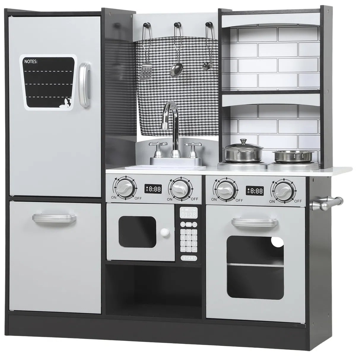 AIYAPLAY Cucina Giocattolo per Bambini, Cucina Legno per Bambini, Cucinetta Giocattoli con Fornelli, Microonde, Armadietti, Lavandino, Pentole, Accessori in Acciaio Inox, 3-8 Anni, 81x27x80cm, Marrone