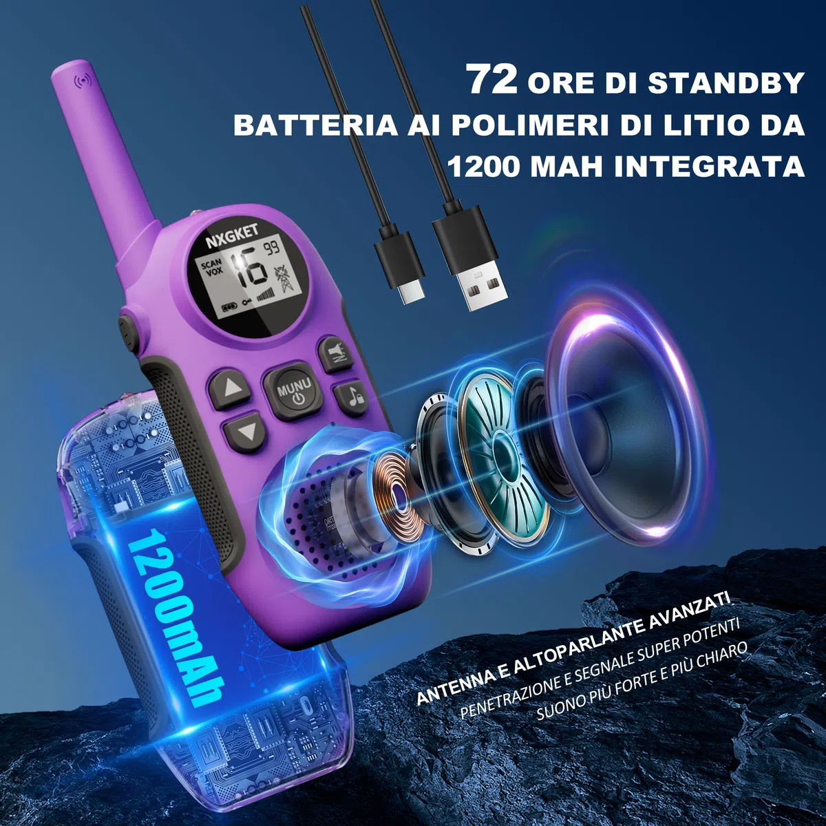 Walkie Talkie Professionali Ricaricabili per Bambini,NXGKET Radioline Woki Toki 16 Canali,Batteria Integrata,Con Torcia per Giochi all'aperto Campeggio Escursionismo