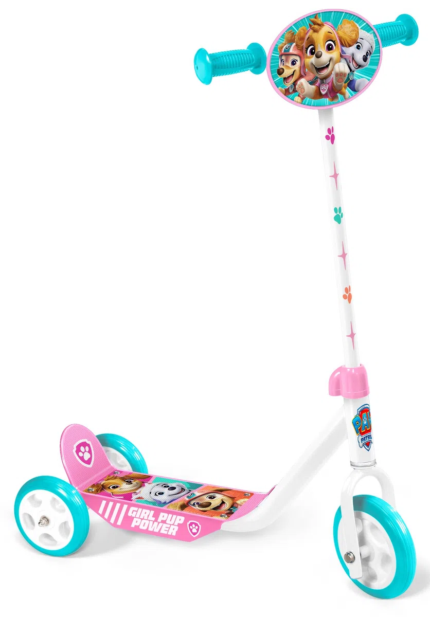 Monopattino a 3 ruote Paw Patrol da ragazza regolabile in altezza. Ampio vassoio antiscivolo. Manici anti-pizzico. Ruote in PVC. Targa decorata, rosa-blu