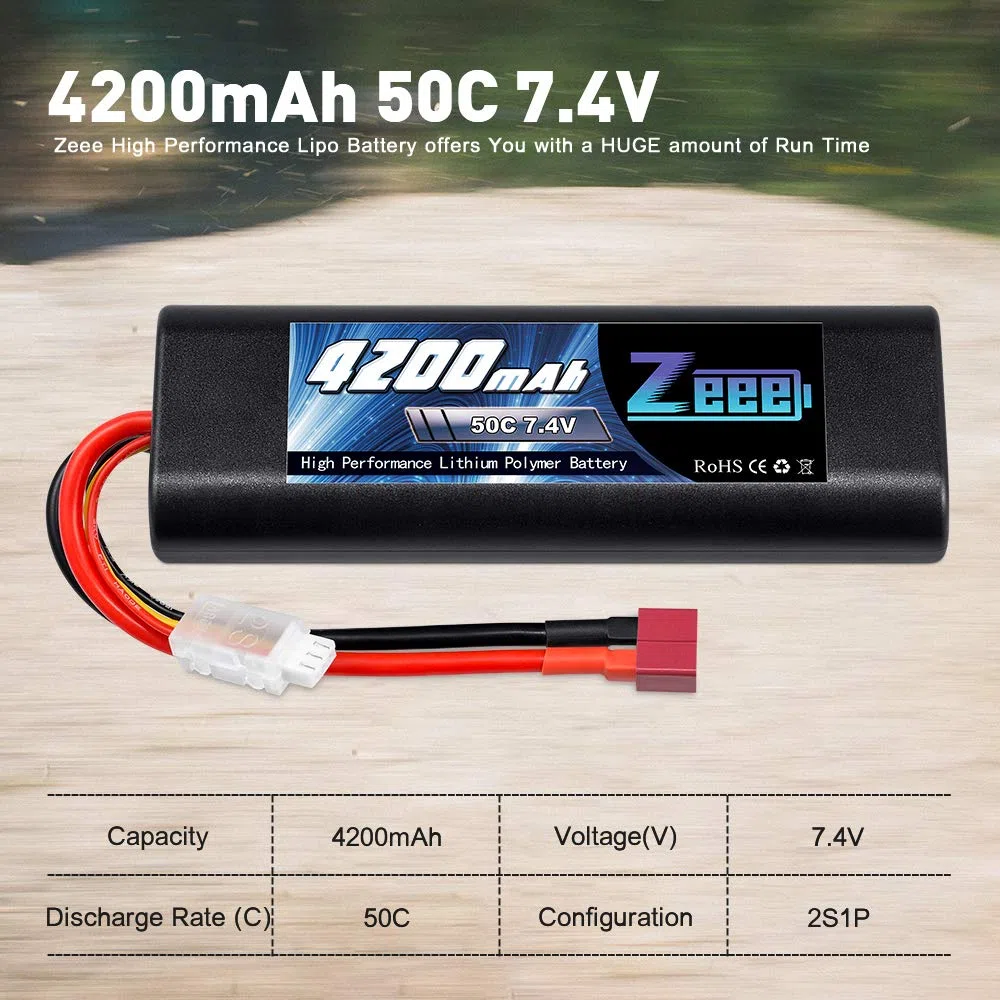 Zeee 2S Lipo Batteria 7.4V 50C 4200mAh Batteria RC con Deans T Plug per RC Auto RC Camion RC Hobby (2 pezzi)
