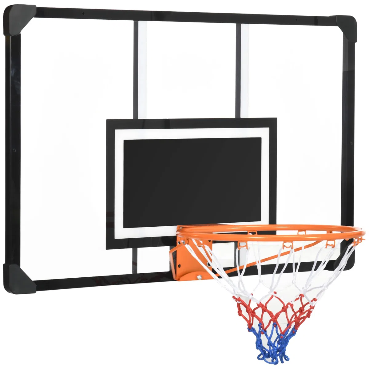 SPORTNOW Canestro da basket a muro, canestro da basket, con tabellone infrangibile, canestro in acciaio e rete antistrappo, vite di montaggio e chiave, per uso esterno, nero, trasparente, arancione