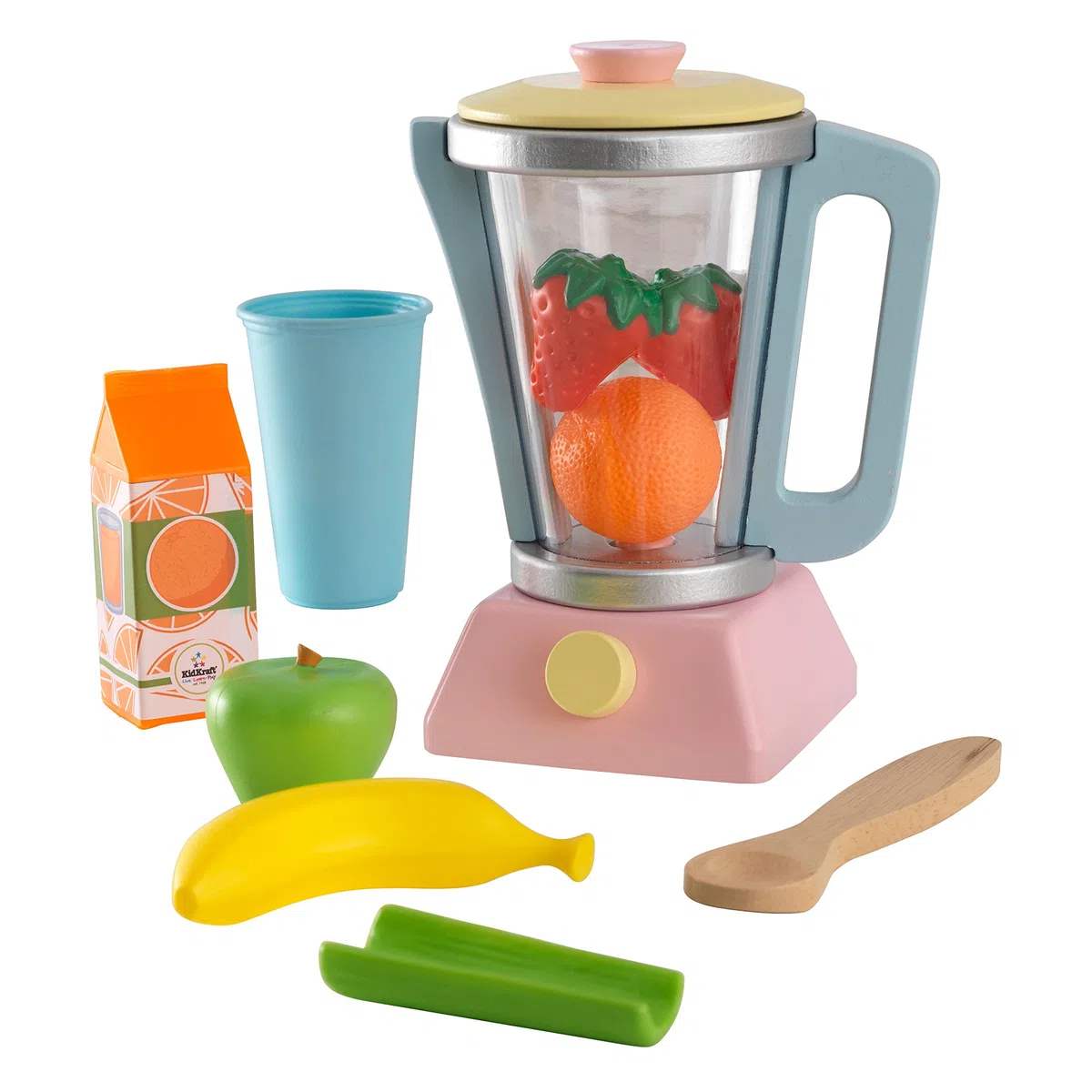 KidKraft Set Frullatore Smoothie Giocattolo Pastello in Legno, Set Mini Elettrodomestici con Cibo Giocattolo per Cucina per Bambini, Accessori Cucina Bambini, 63377