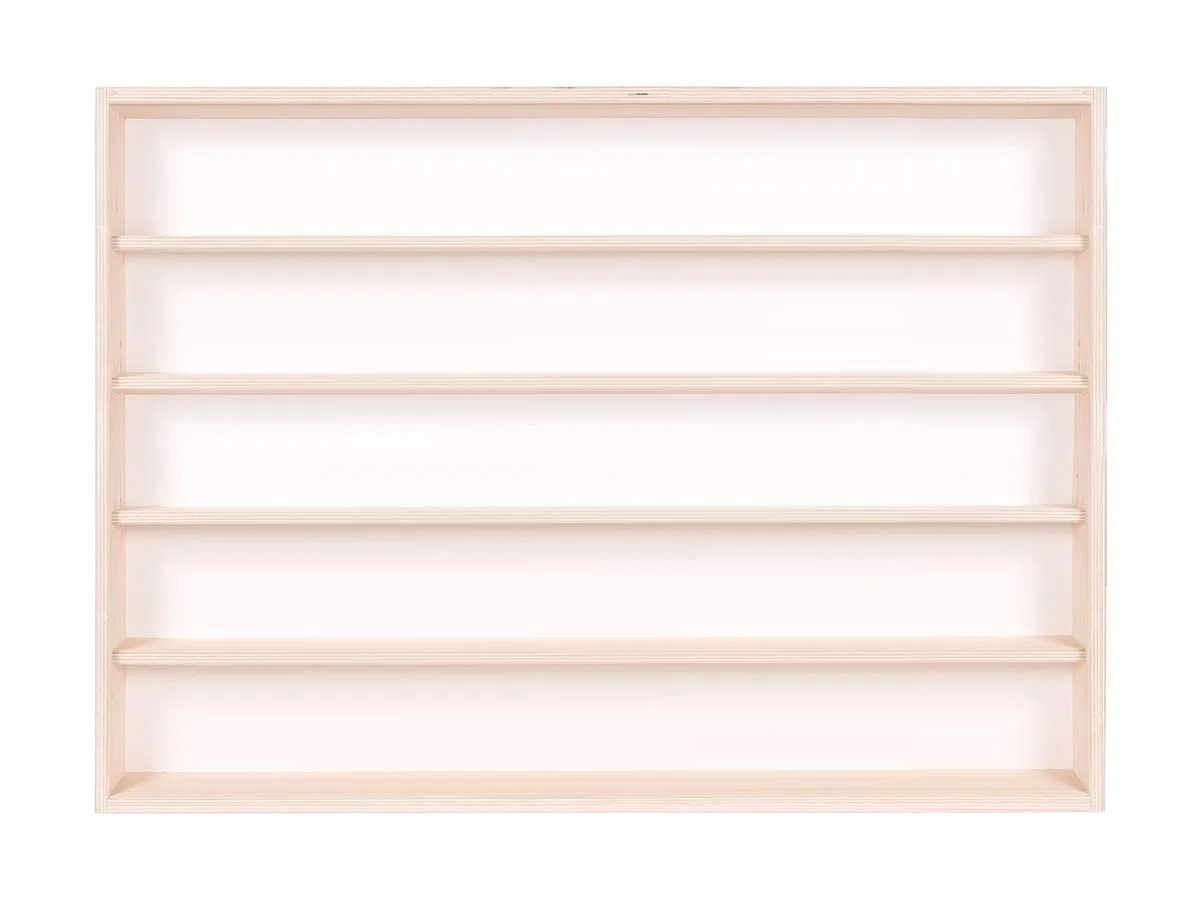 V60,5 Espositore da parete, 60 x 49 x 8,5 cm, legno di betulla non finito, 2 porte scorrevoli trasparenti in plexiglass a 5 ripiani, scala H0 e N