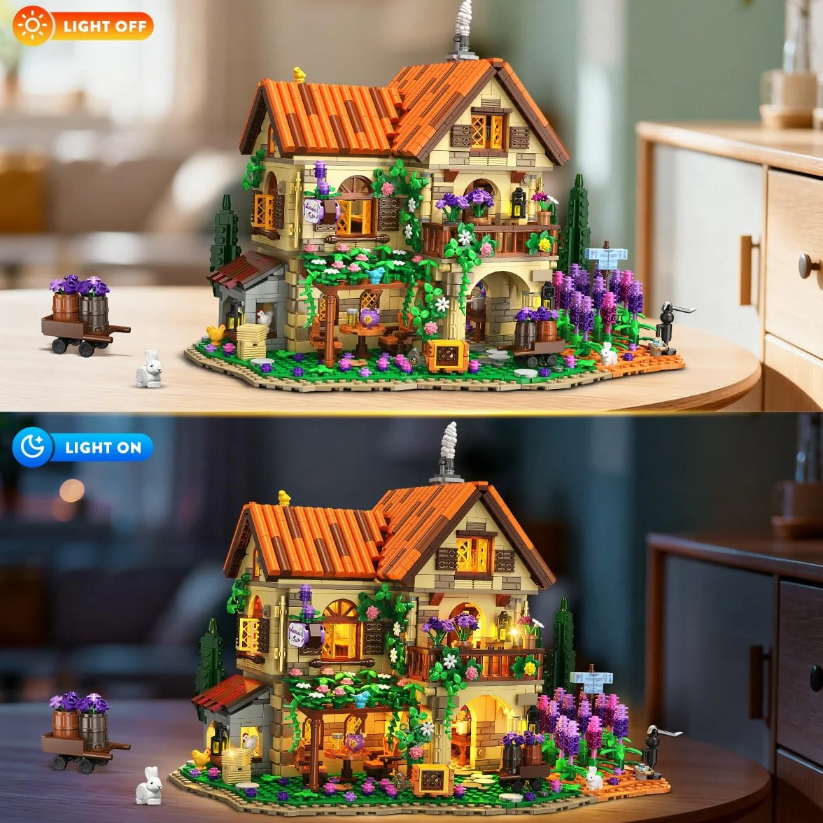 INSOON - Set di costruzioni in miniatura della casa di Lavender Manor con luci, 1960 pezzi, modello di costruzione della tenuta di lavanda, decorazione per la casa, romantico mazzo di fiori di lavanda