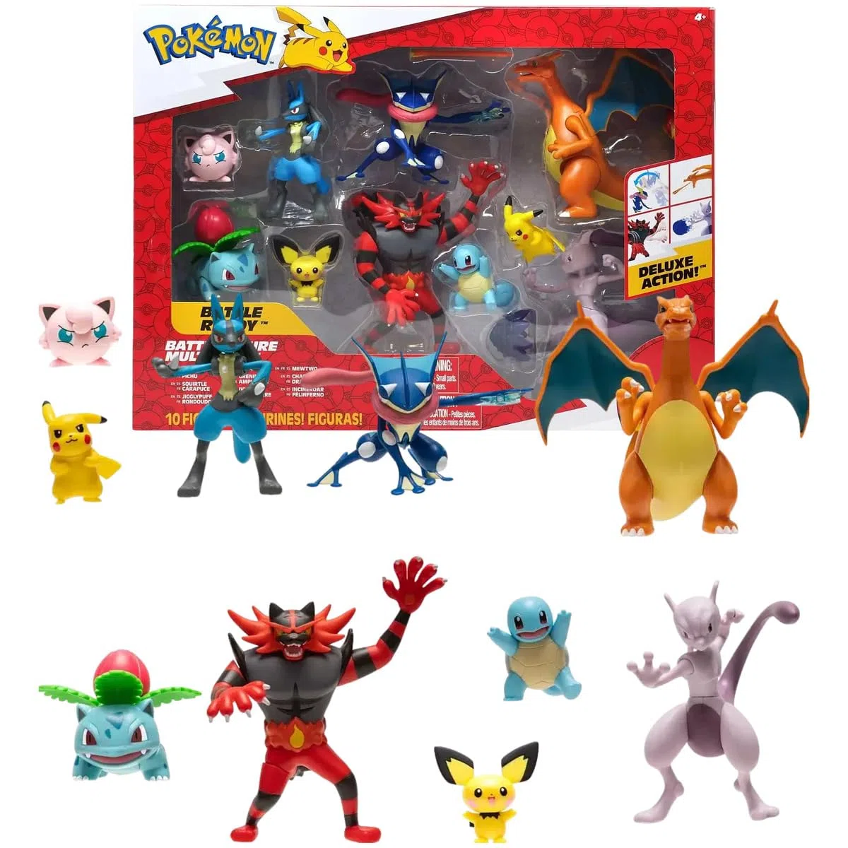 Pokémon Set di 10 statuette ufficiali (5–11 cm): Charizard, Pikachu, Lucario, Greninja, Mewtwo, Jigglypuff, Ivysaur, Incineroar, Squirtle e Pichu – Novità 2025.