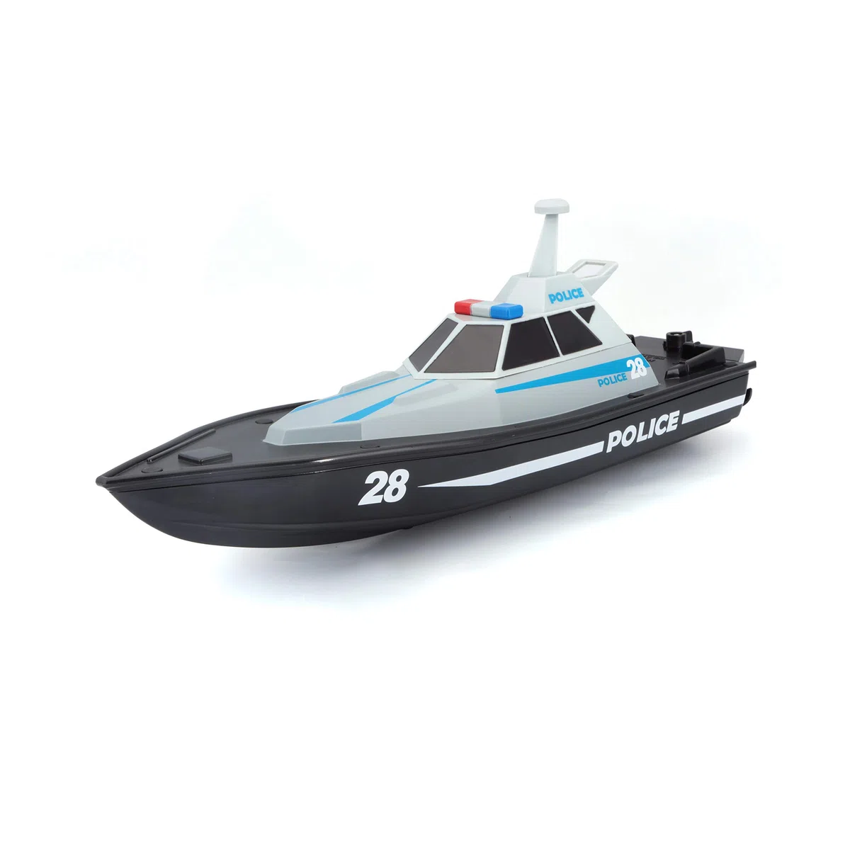 Bauer Spielwaren M82196 Tech R/C - Barca giocattolo radiocomandata dalla polizia, portata di 35 metri, batteria con funzione di ricarica USB, 34 cm, nero -582196