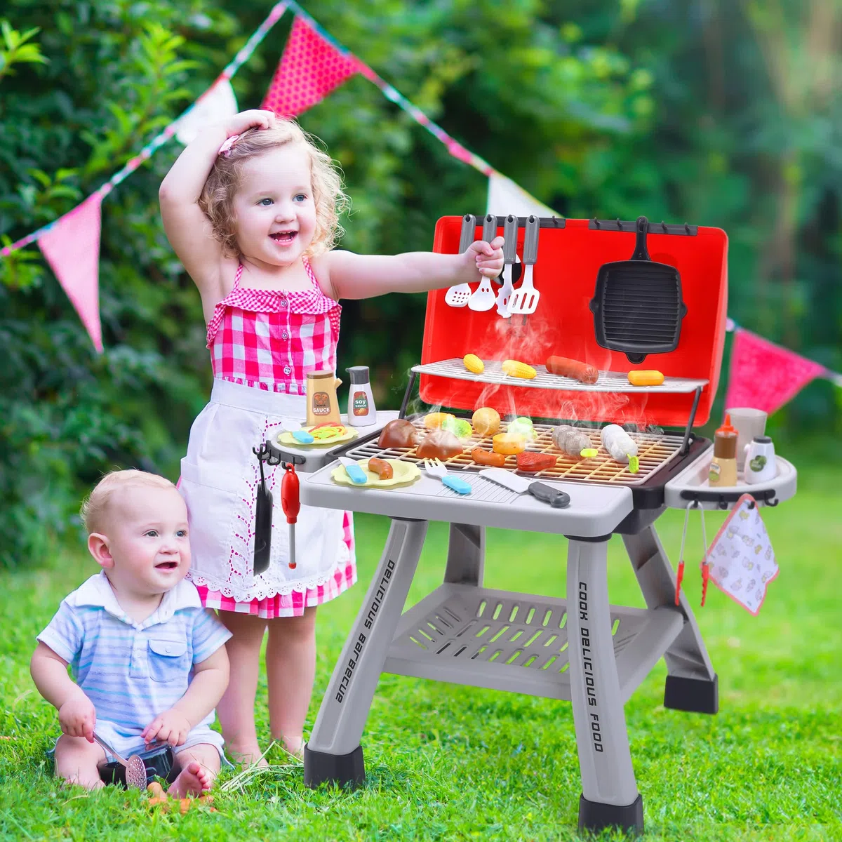 CUTE STONE barbecue giocattolo in pietra per bambini, set da cucina, set da gioco realistico per barbecue con fumo e accessori da cucina