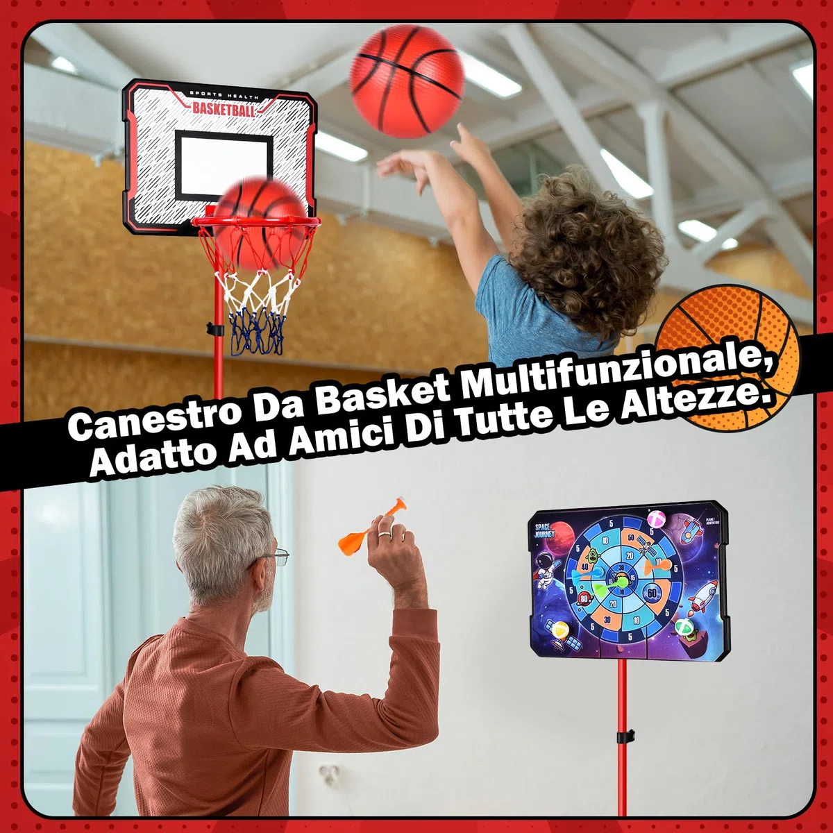 Herenear Canestro da Basket per Bambini, Altezza Regolabile 107-193 cm, 2 in 1 Basket e Freccette, Interno ed Esterno, Portatile con Base Zavorrabile, per Bambini dai 3 agli 8 Anni