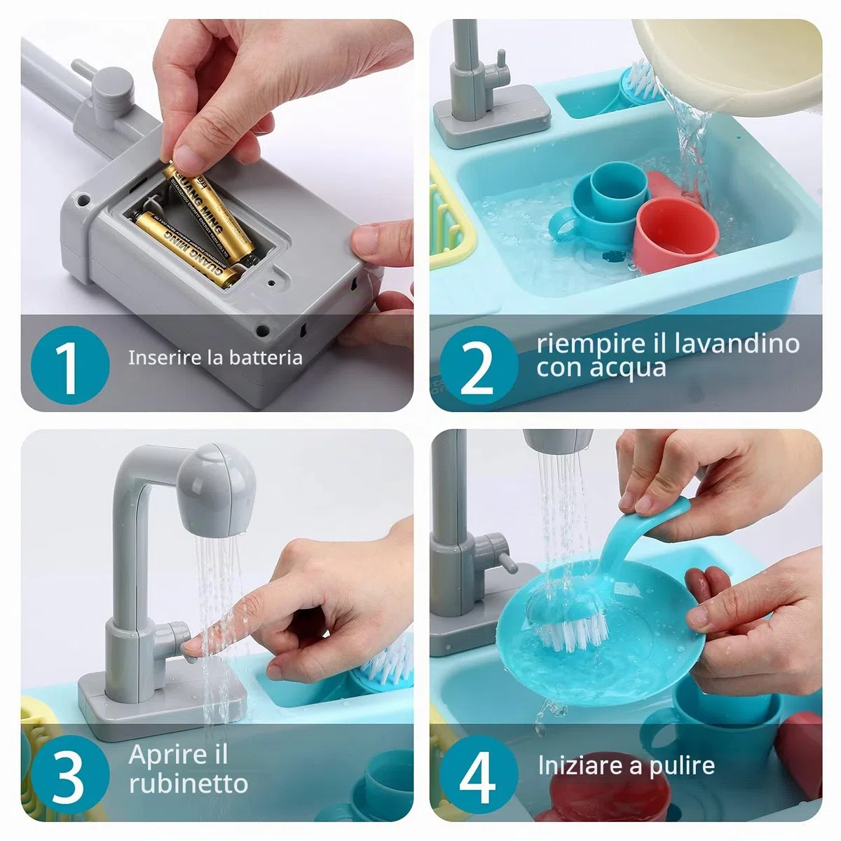 cute stone- Giocattolo - Set lavello da cucina con rubinetto dell'acqua calda che cambia colore, detersivo per i piatti, riciclo dell'acqua - per bambini dai 3 anni in su - Blu