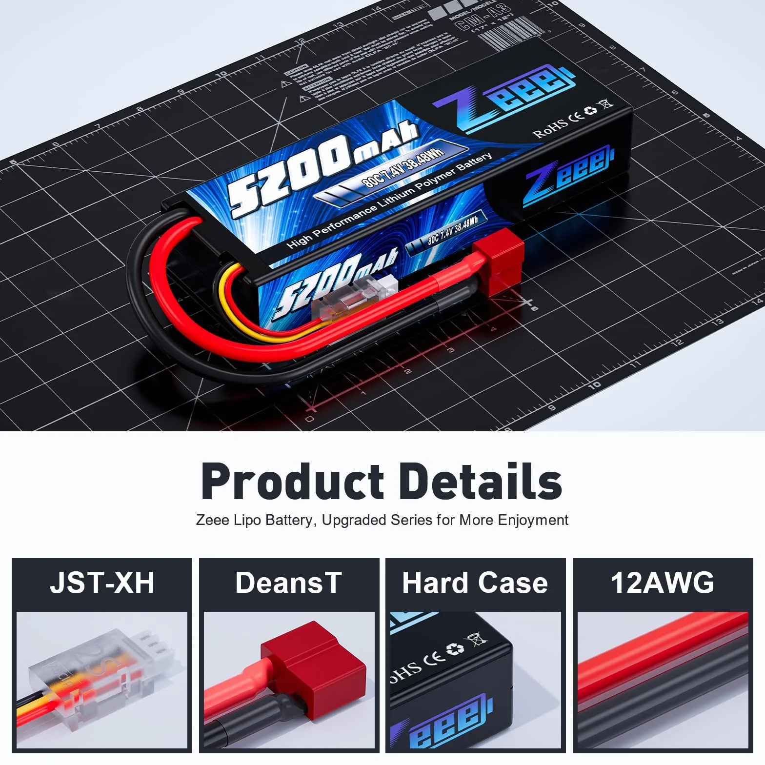 Zeee 2S Lipo Batteria 7,4V 80C 5200mAh RC Batteria Hardcase con Connectore Deans T Spina per RC Evader BX RC Veicolo Auto LKW Truggy RC Nave RC Modells RC Hobby (2 pezzi)