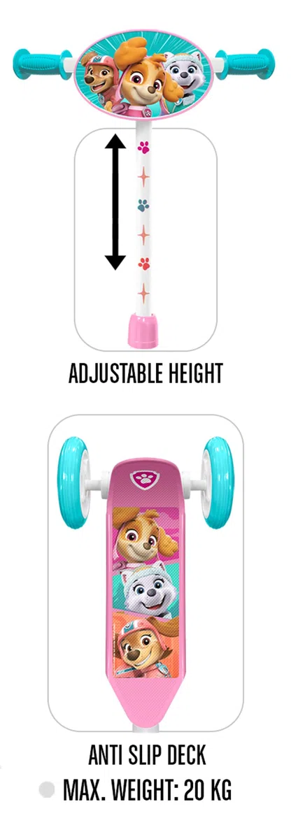 Monopattino a 3 ruote Paw Patrol da ragazza regolabile in altezza. Ampio vassoio antiscivolo. Manici anti-pizzico. Ruote in PVC. Targa decorata, rosa-blu