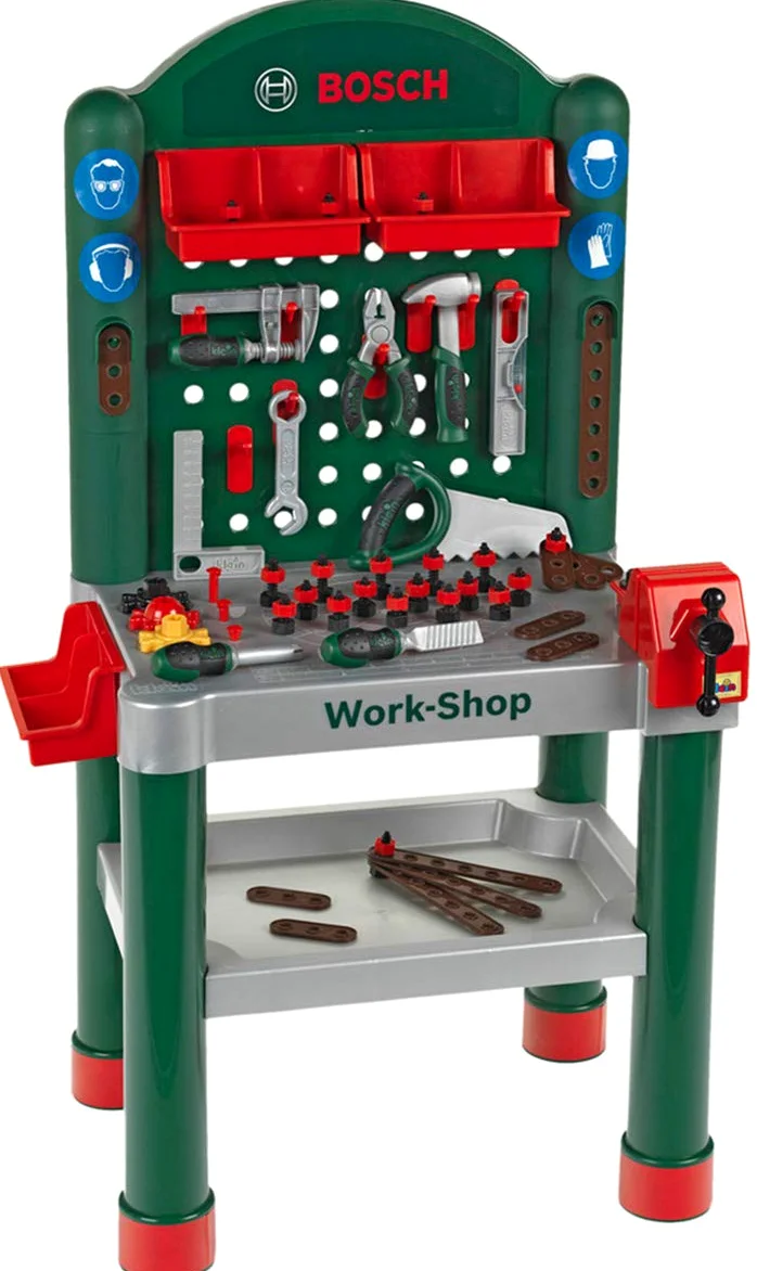 Theo Klein 8320 Workshop Bosch, 79 Pezzi, Piano di Lavoro con Funzione di apprendimento, Dimensioni- 50 cm 37 cm 102 cm, Giocattolo per Bambini a Partire dai 3 Anni di età