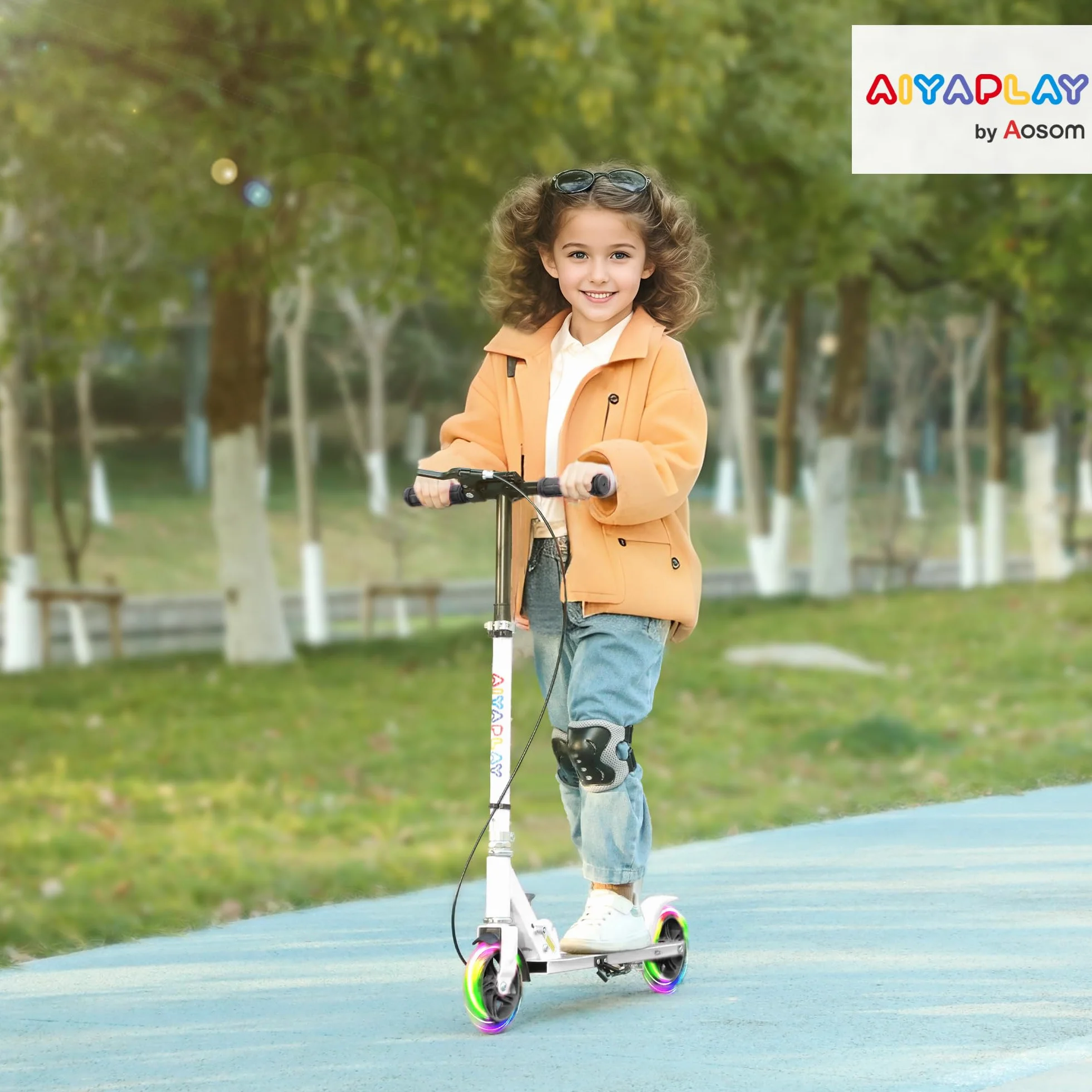 AIYAPLAY Monopattino per Bambini 3-8 Anni Pieghevole con Ruote Luminose e Altezza Regolabile, Scooter per Bambini in Metallo con Freno Posteriore e Cavalletto, Bianco