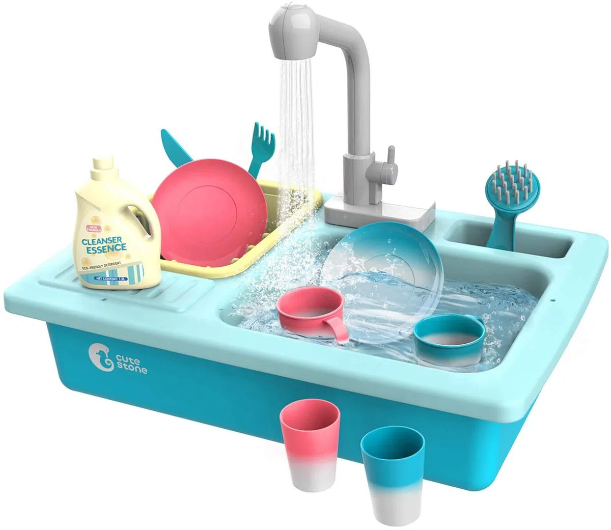 cute stone- Giocattolo - Set lavello da cucina con rubinetto dell'acqua calda che cambia colore, detersivo per i piatti, riciclo dell'acqua - per bambini dai 3 anni in su - Blu