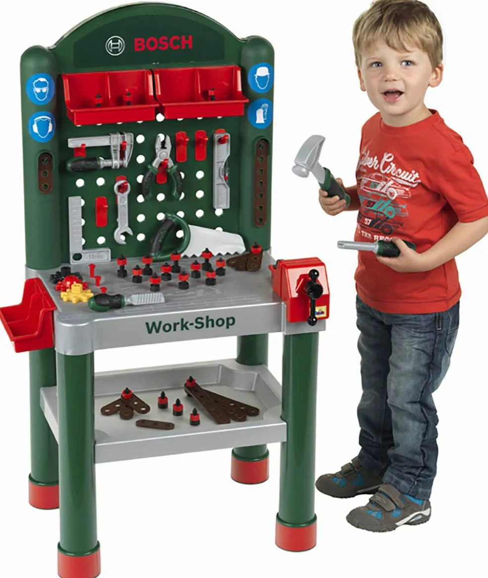 Theo Klein 8320 Workshop Bosch, 79 Pezzi, Piano di Lavoro con Funzione di apprendimento, Dimensioni- 50 cm 37 cm 102 cm, Giocattolo per Bambini a Partire dai 3 Anni di età