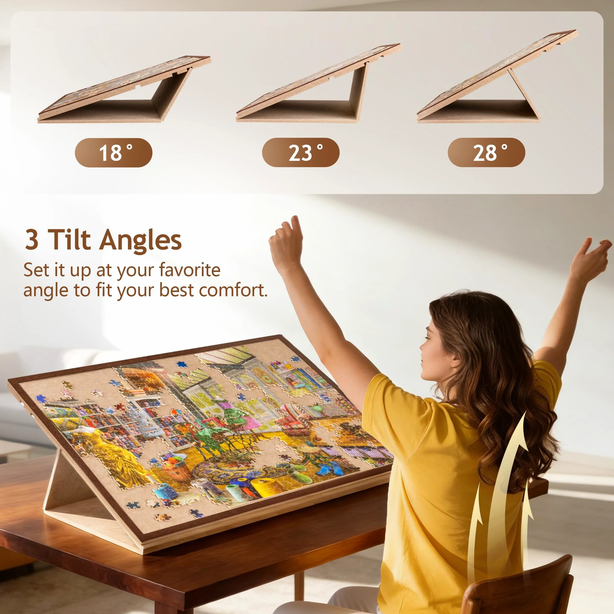 Tavola per puzzle inclinabile con supporto 2 in 1 e coperchio, tavolo portaoggetti leggero in feltro con 3 angoli regolabili, 6 vassoi di ordinamento per puzzle fino a 1000 pezzi