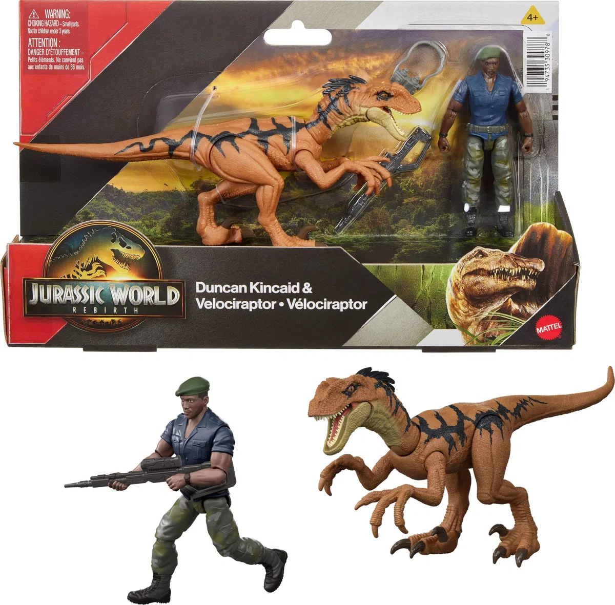 Mattel Jurassic World Rebirth Confezione di Figure Posabili Umano & Dinosauro, Duncan Kincaid & Velociraptor, Scala 3.75 Pollici Accurata al Film, Collezionabile Articolato